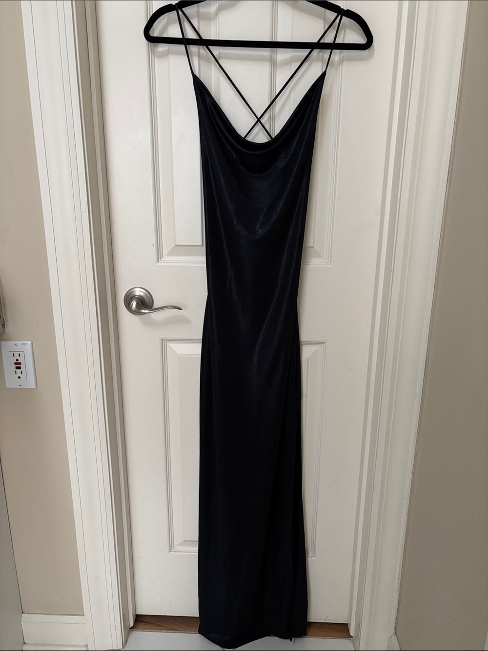Versace Jeans Collection Black Satin Cowl Neck Maxi Dress with Crisscross Straps